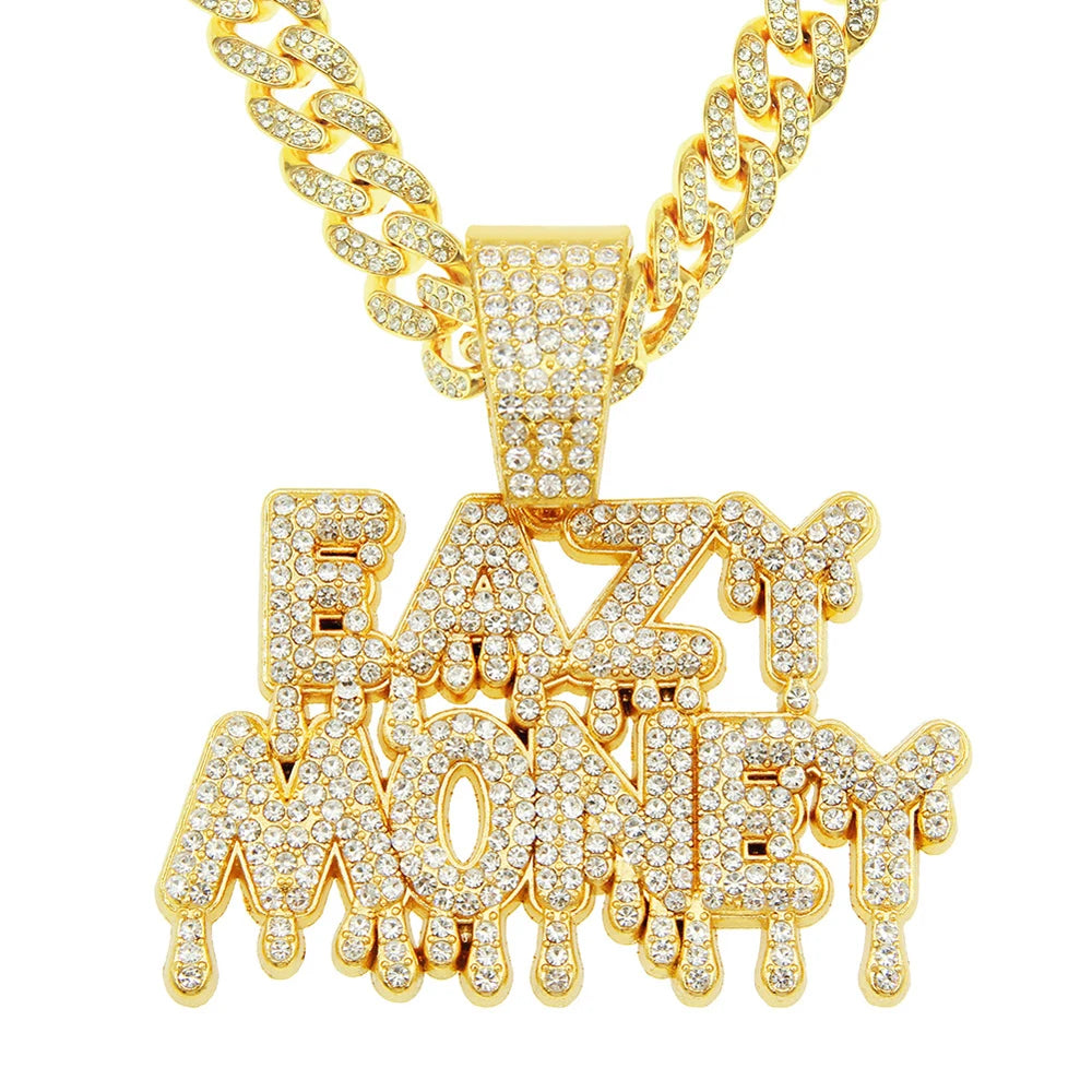 Fashion Rock EAZY MONEY Letter Pendant With 13mm Rhinestones Miami Cuban Chain HipHop Iced Out Bling Necklaces Charm Man Jewelry