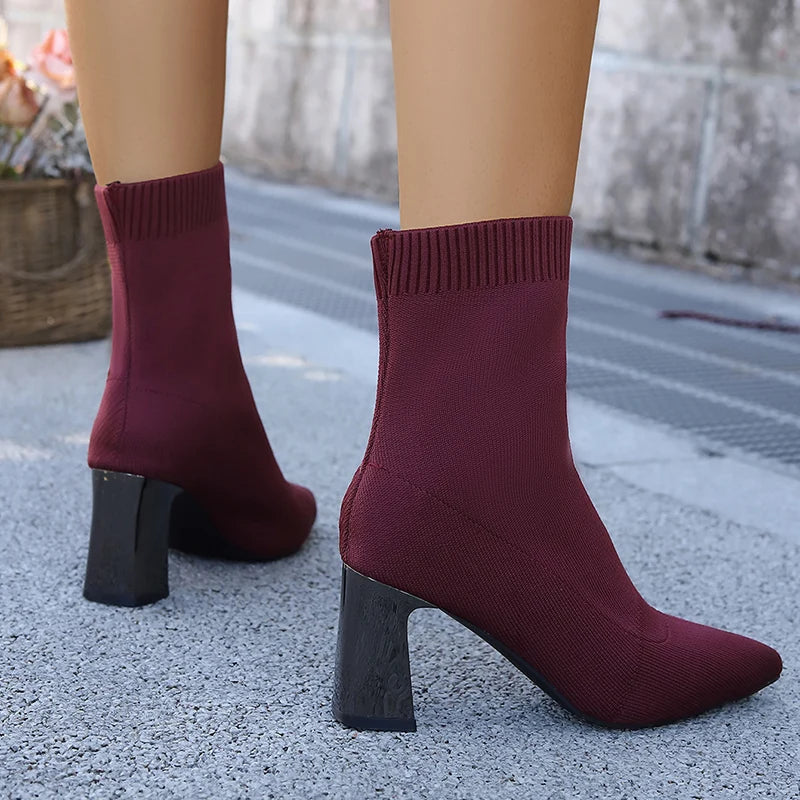 Autumn Winter Knitted High Heel Boots Women 2025 Sexy Pointed Toe Ankle Boots Woman Plus Size 36-43 Thick Heels Booties Mujer