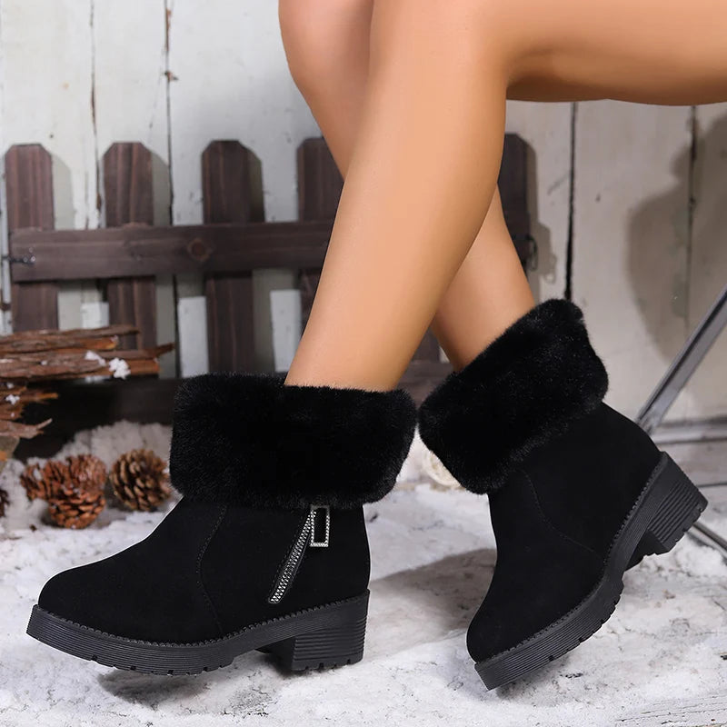 Winter Faux Fur Thick Heels Ankle Boots Women Faux Suede Short Plush Warm Snow Boots Woman 2025 Zipper Plush Winter Botas Mujer