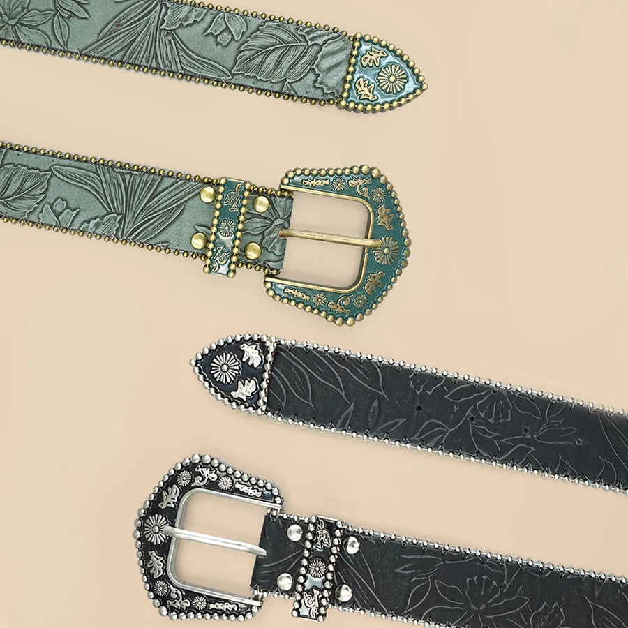 Bohemian Women's Belt with Metal Bead Accents - Vintage Carved Buckle & Leaf-Engraved Chain Detailing for Casual Elegance