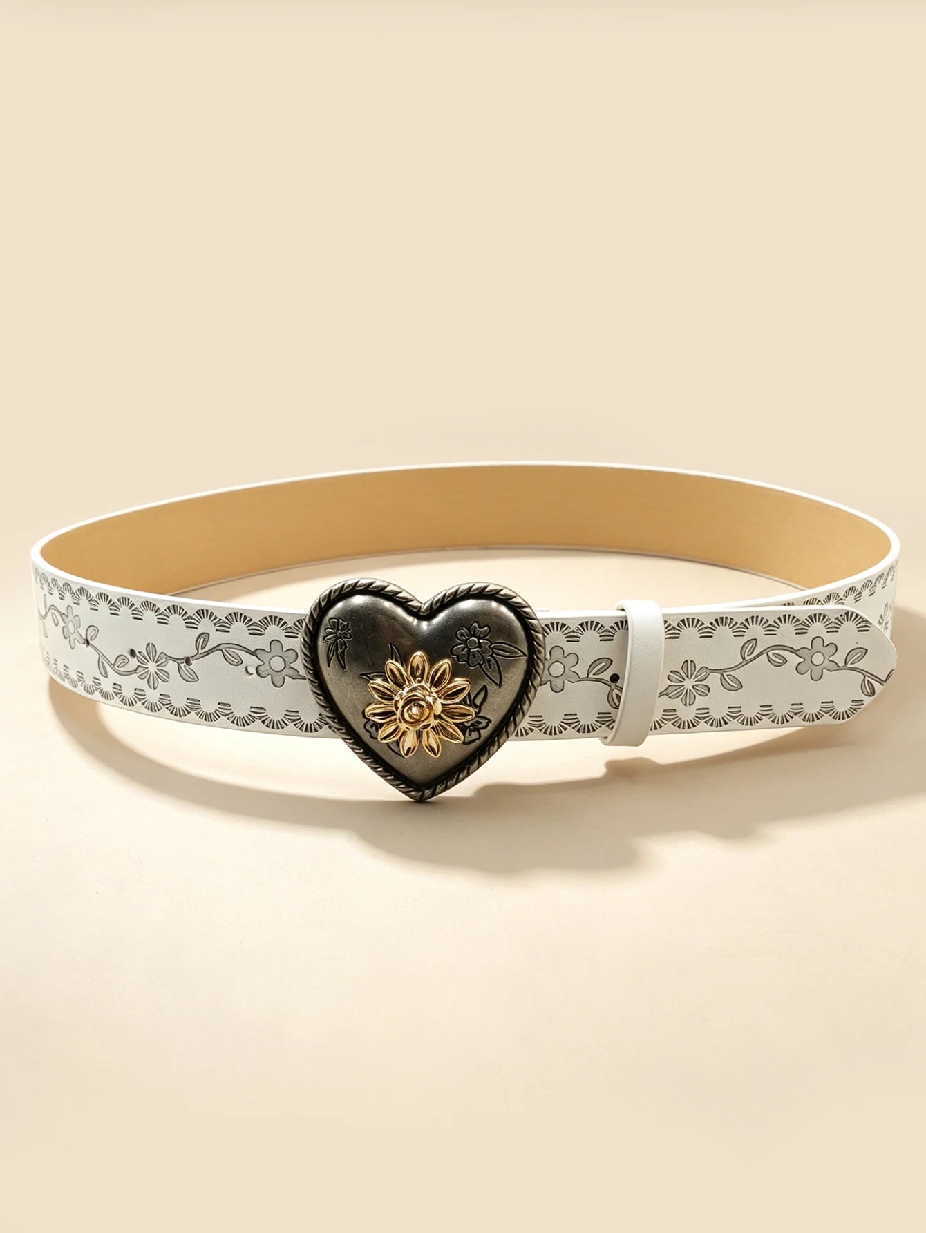 Heart Flower Metal Buckle Belt Brown Embossed Women's Retro Waistband Fashion Decorative Belt