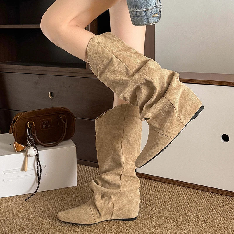 Khaki Faux Suede Mid Calf Boots for Women 2025 Fashion Pointed Toe Pleated Western Boots Woman Slip On Autumn Winter Booties