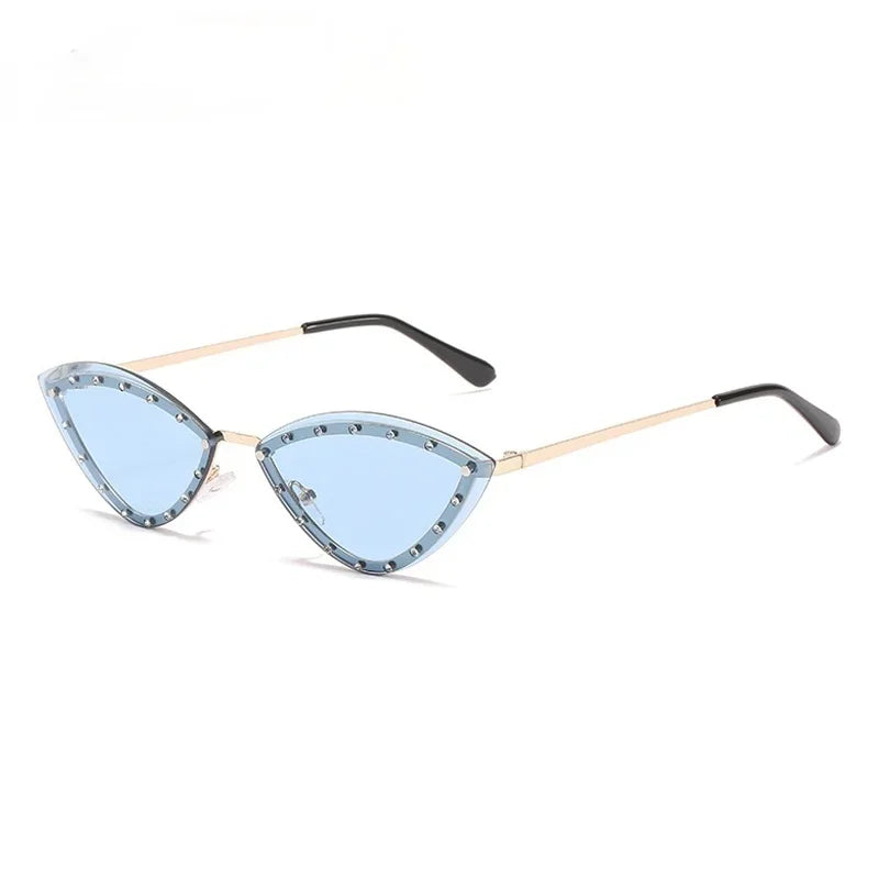 JNPCXI New Triangle Cat Eye Sunglasses Alloy Rimless Crystal Shiny Sun Glasses Female Unique Elegant Green Rhinestone Shades