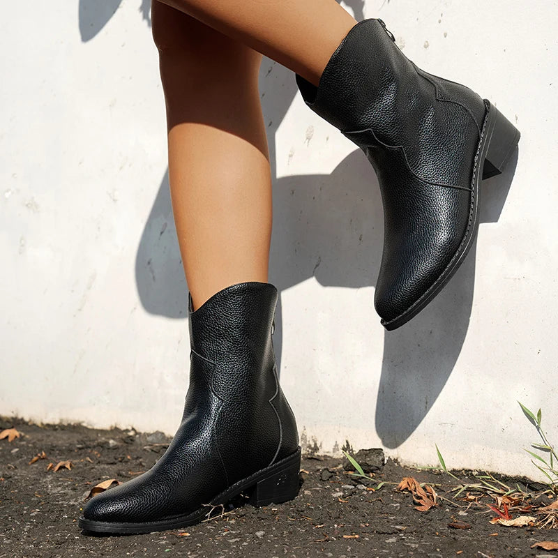 Vintage Black Pointed Toe Western Boots Women Slip On Thick Heels Ankle Boots Woman Back Zipper Autumn Winter Botas Mujer 36-42