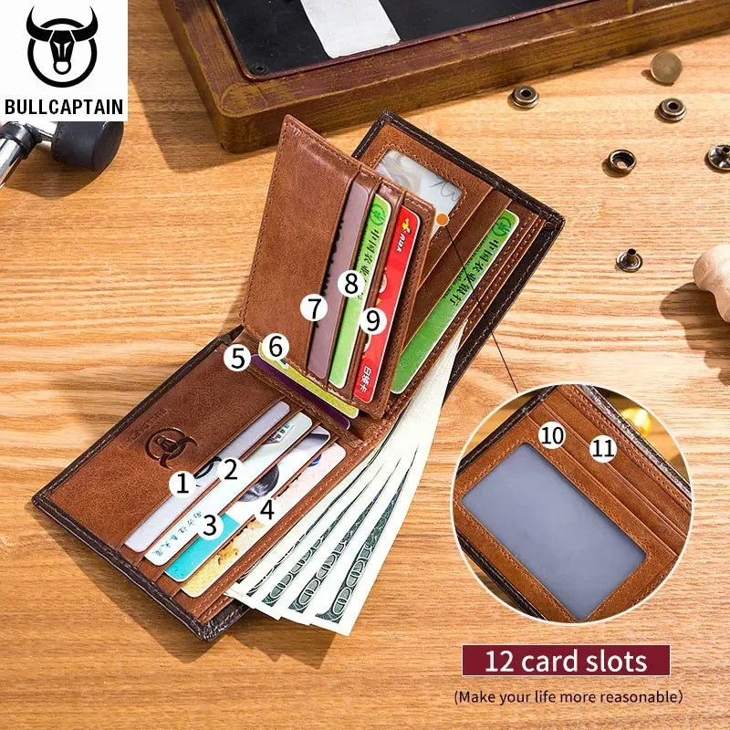 BULLCAPTAIN Men's Genuine Leather Wallet Business Retro Cash Clip RFID Multi-Card Slot Coin Purse QB05
