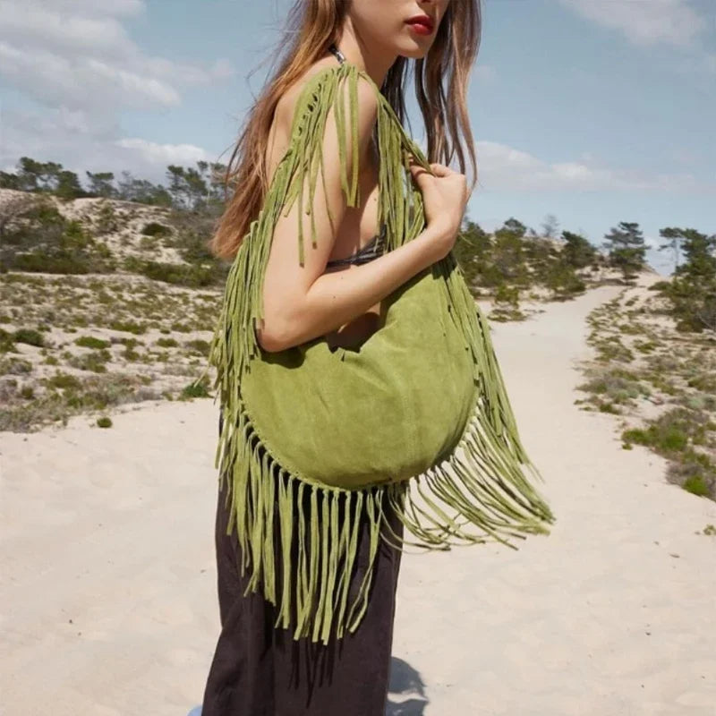 Green Retro Tassel Women Armpit Bag Suede Design Dumpling Shoulder Bag W.Cowboy