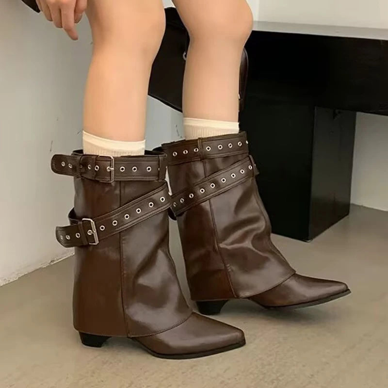 Punk Belt Buckle Pointed Toe Mid Calf Boots Women Fashion Thick Heel Wide Leg Pants Boots Woman Autumn Winter Pu Leather Botas