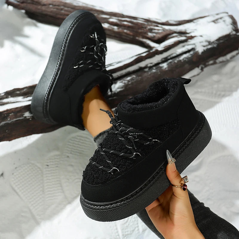 Fashion Lace Up Platform Snow Boots Women 2025 Thicken Plush Warm Winter Boots Woman Thick Sole Non Slip Cotton Padded Shoes
