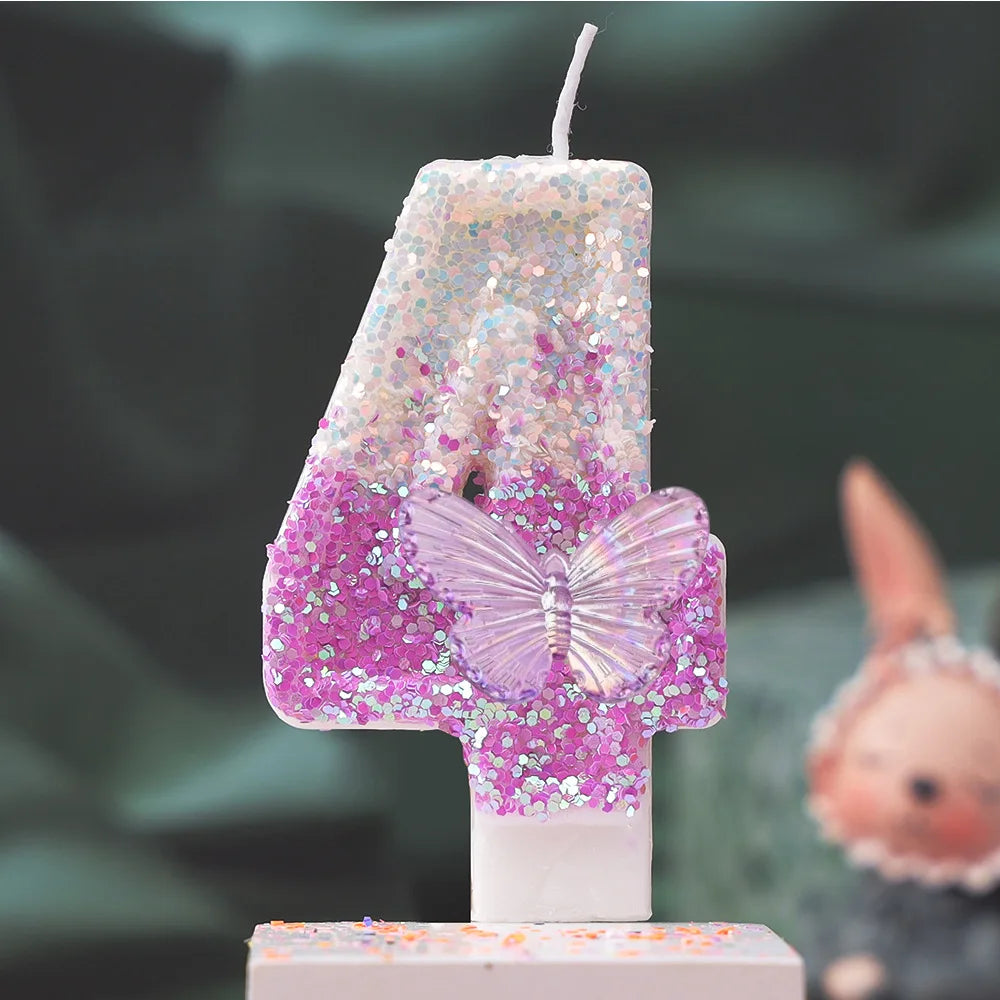 Creative 0-9 Numbers And Letters Birthday Cake Candle, DIY Party Decoration Candle With Purple Butterfly Design And Glitter
