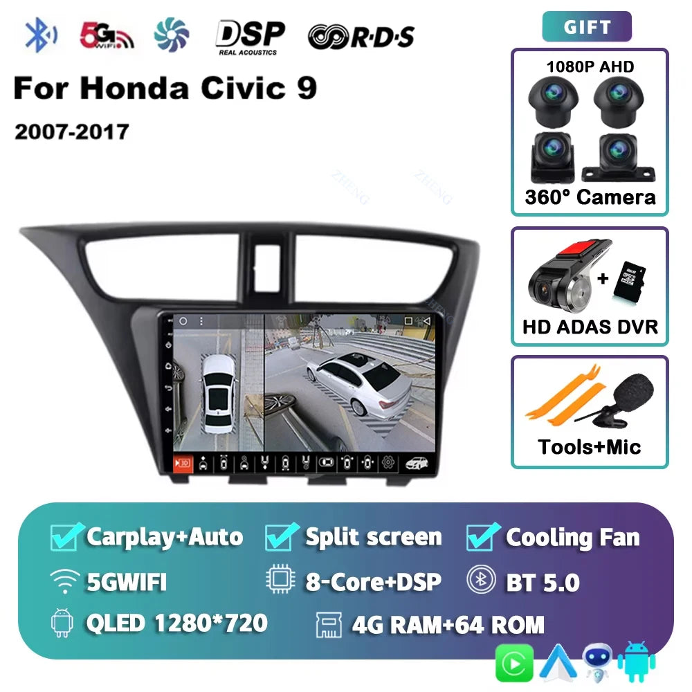 Carplay Android 14 Car Radio for Honda CIVIC 9 2011-2017 Qualcomm mulitmedia Video player Autoradio GSP Navigation Stereo screen