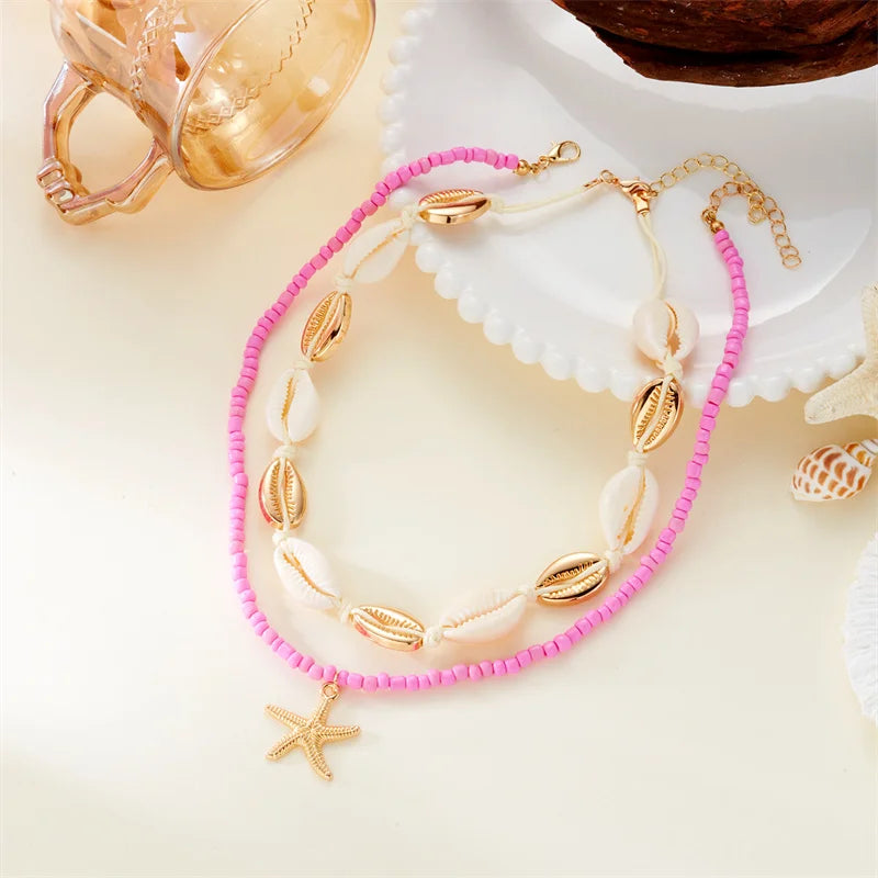 Double Layered Starfish Shell Rice Bead Necklace Women Trendy Summer Beach Sexy Choker Neck Chain Jewelry Vacation Accessories