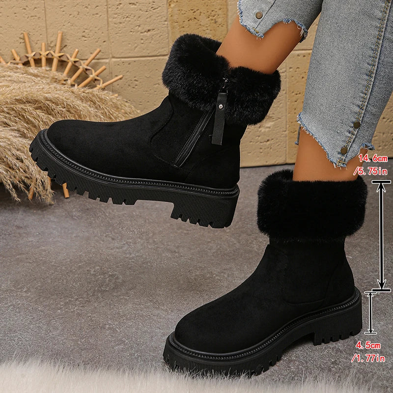 Fluffy Fleece Lined Platform Ankle Boots Women Plus Size 42 Faux Fur Snow Boots Woman Comfy Thick Sole Flock Winter Botas Mujer