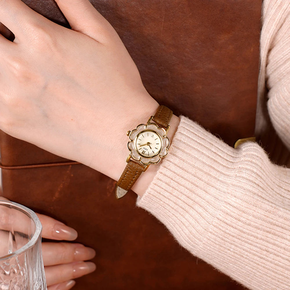 GEDI Fashion Ladies Small Watches Flower Dial Niche Minimalist Exquisite Vintage Leather Strap Quartz Watch Woman
