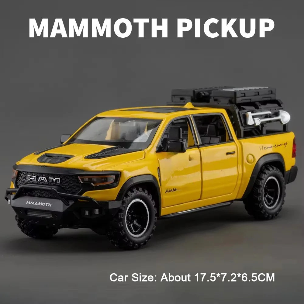 1:32 Scale Ram TRX Mammoth Pickup Car Model Diecast Alloy Toys with Sound Light Pull Back Doors Opened Camper Van Children's Toy