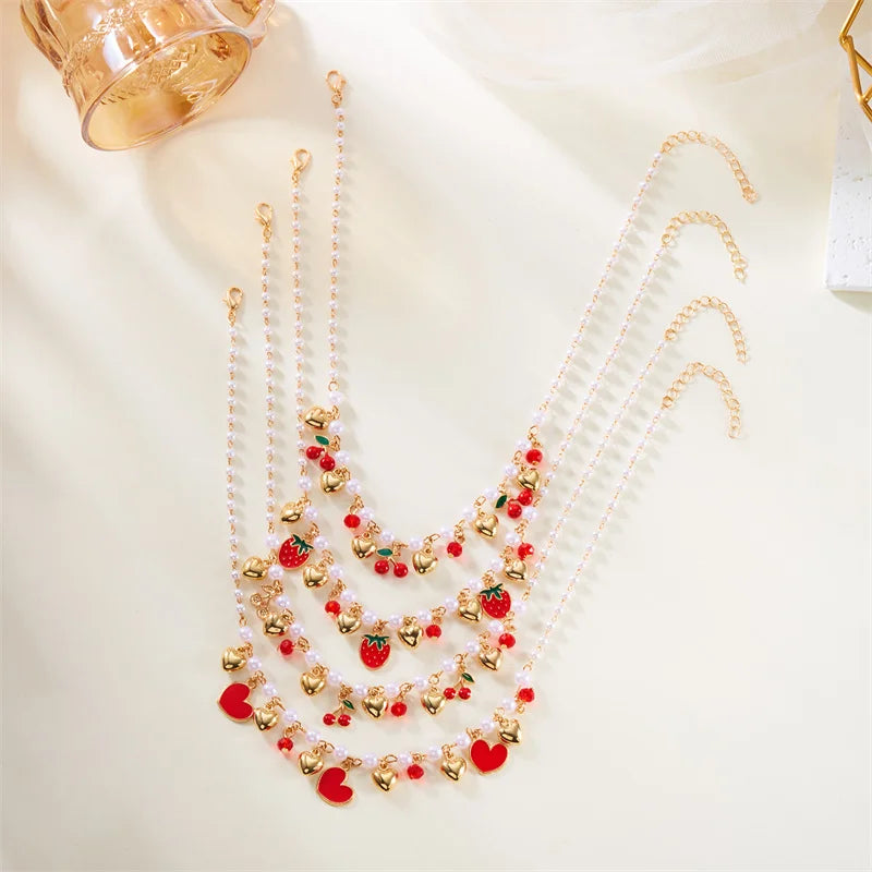 Y2K Sweet Cute Red Strawberry Cherry Pendant Necklace for Women Girls Love Heart Imitation Pearl Chain Choker Fashion Jewelry
