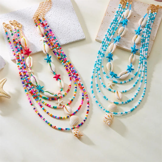 Bohemian Blue Beaded Choker Necklace Set for Women Summer Beach Cowrie Shell Starfish Pendant Multilayer Chains Holiday Jewelry