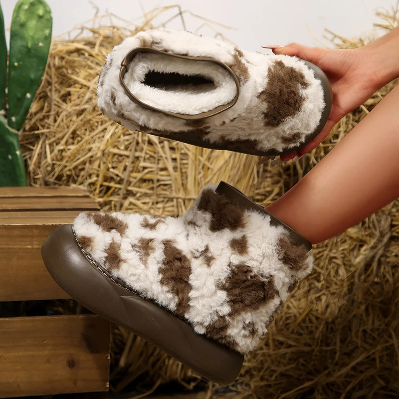 Thick Sole Fluffy Snow Boots Women Vintage Printed Thicken Plush Winter Ankle Boots Woman Non Slip Platform Cotton Padded Shoes