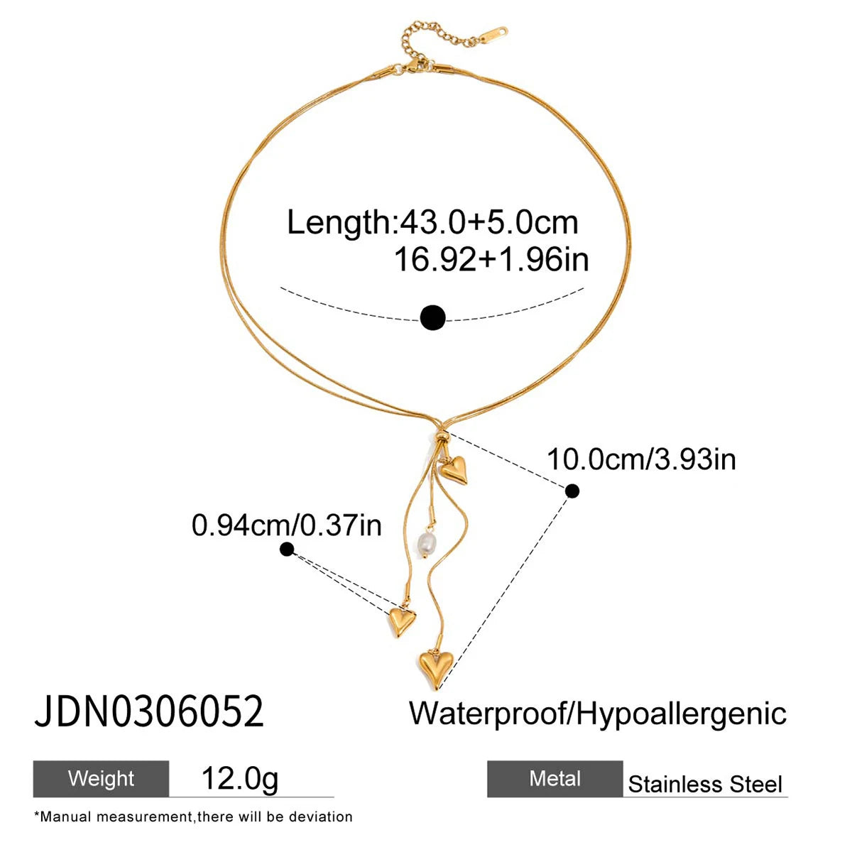 Uworld Minimalist Classic 18K Gold Color Plated Stainless Steel Freshwater Pearl Heart Pendant Necklace Y-shaped Chain Women's J