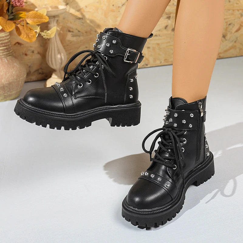 Rivets Decor Platform Ankle Boots Women Fashion Buckle Lace Up Zippers Combat Boots Woman Balck Pu Leather Motorcycle Shoes 42