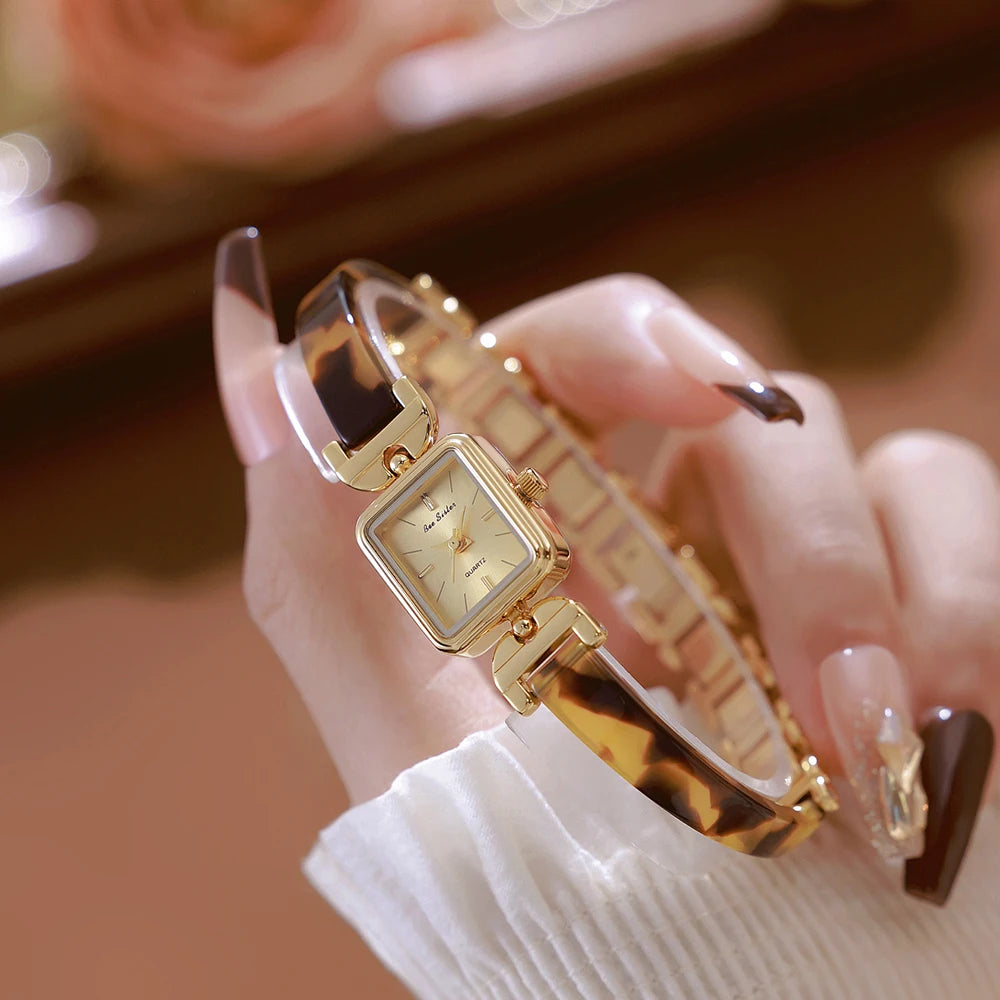 Bee Sister Ladies Watches New 2025 Luxury Tortoiseshell Amber Watches For Woman Vintage Bracelet Wristwatch Square