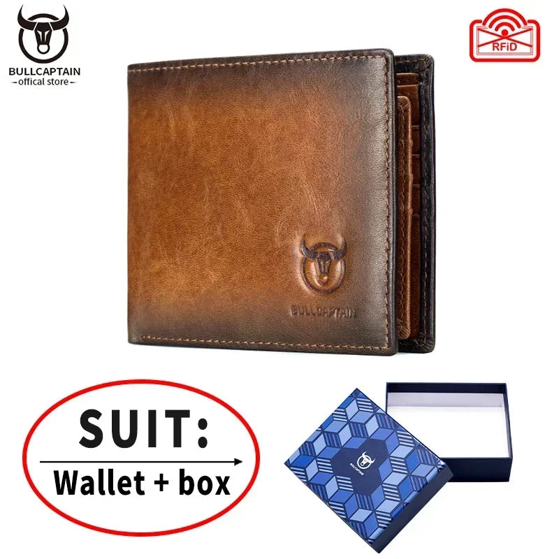BULLCAPTAIN Men's Genuine Leather Wallet Business Retro Cash Clip RFID Multi-Card Slot Coin Purse QB05