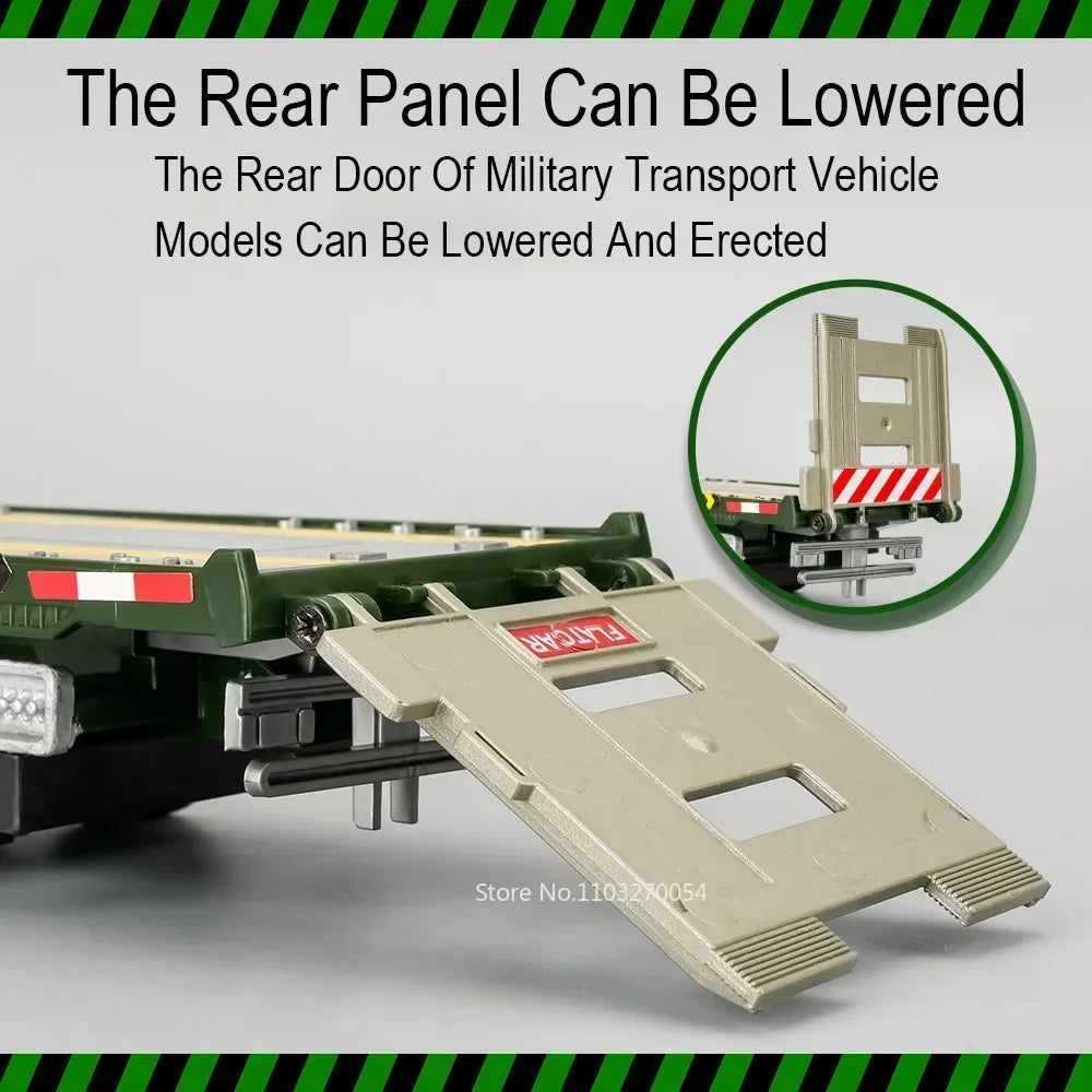 1:32 Military Tank Flatbed Trailer Model Toys Car Alloy Diecast Transport Vehicle Sound Light Pull Back Door Opened Toy Kid Gift