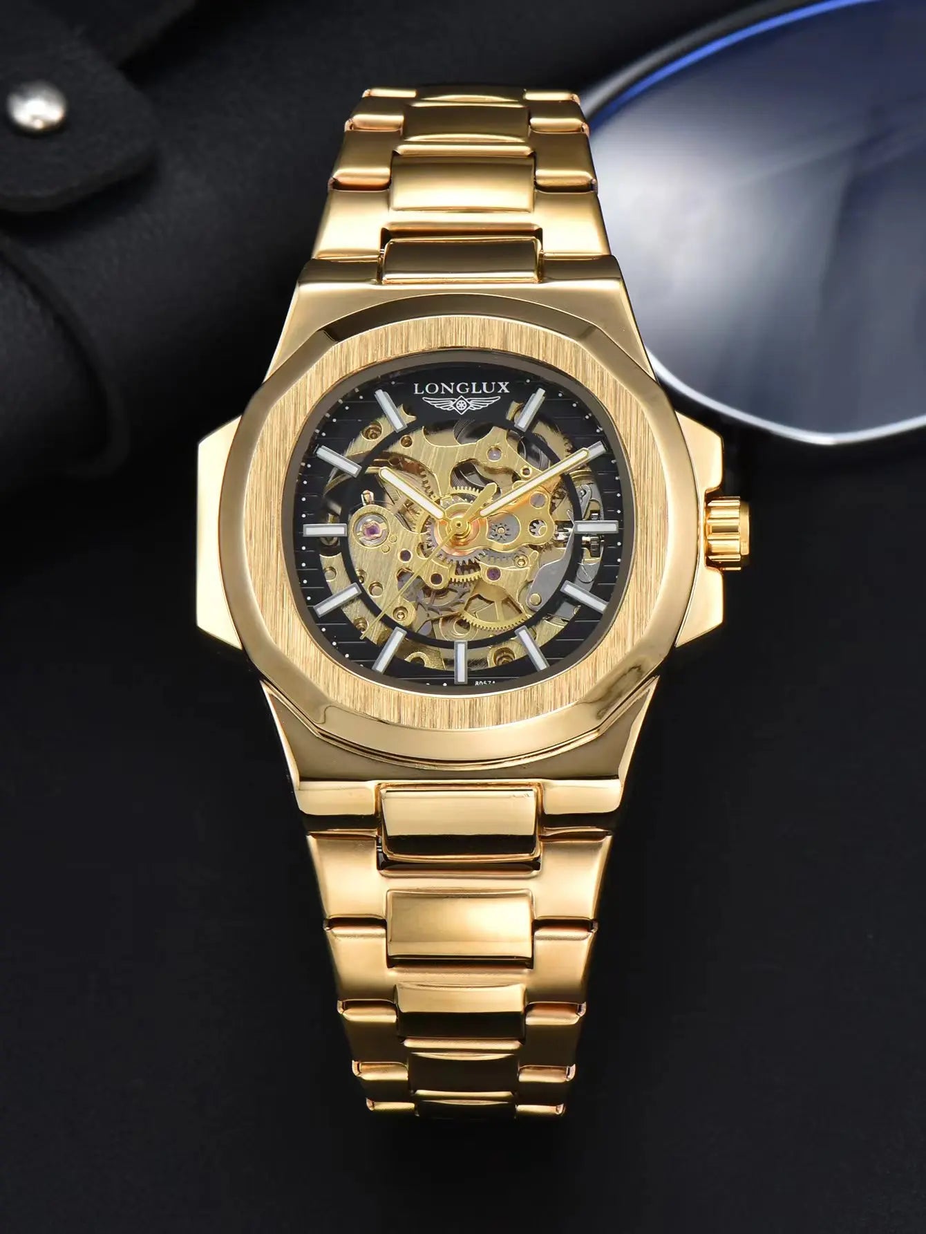 Gold LONGLUX Men automatic mechanical watch luxury waterproof skeleton Watches