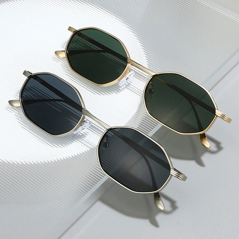 JNPCXI New Fashion Polygon Metal Square Sunglasses Women Retro Blue Green Gradient Shades UV400 Men Sun Glasses
