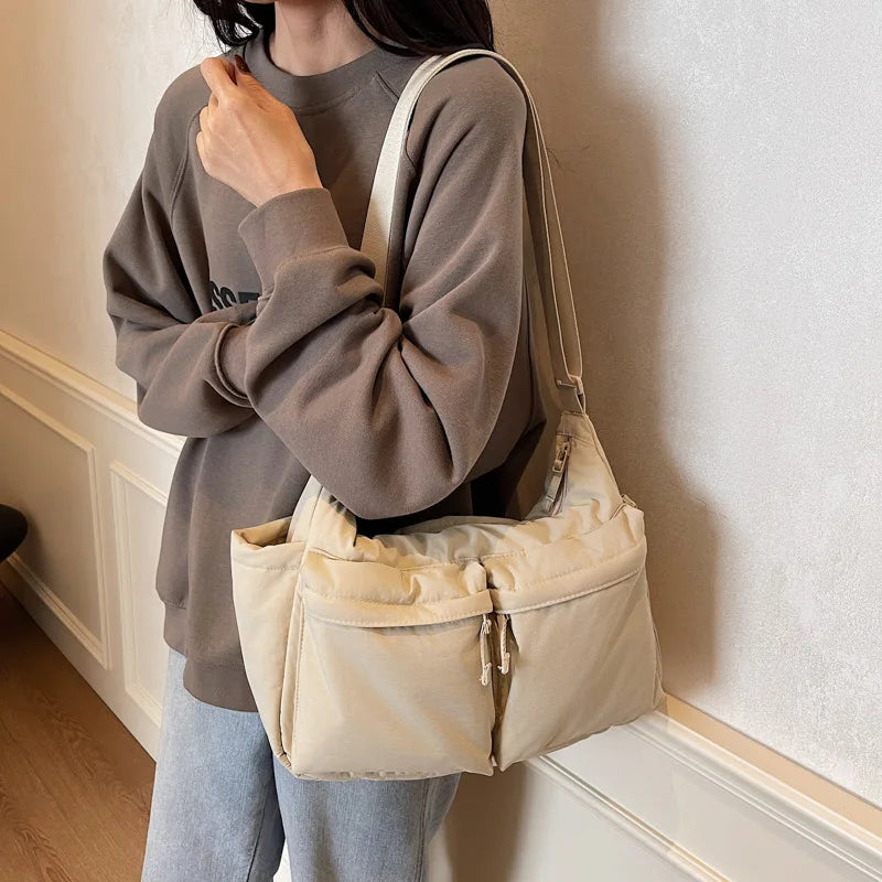 White Casual Work Style Waterproof Nylon Crossbody Shoulder Bag W/Large Capacity