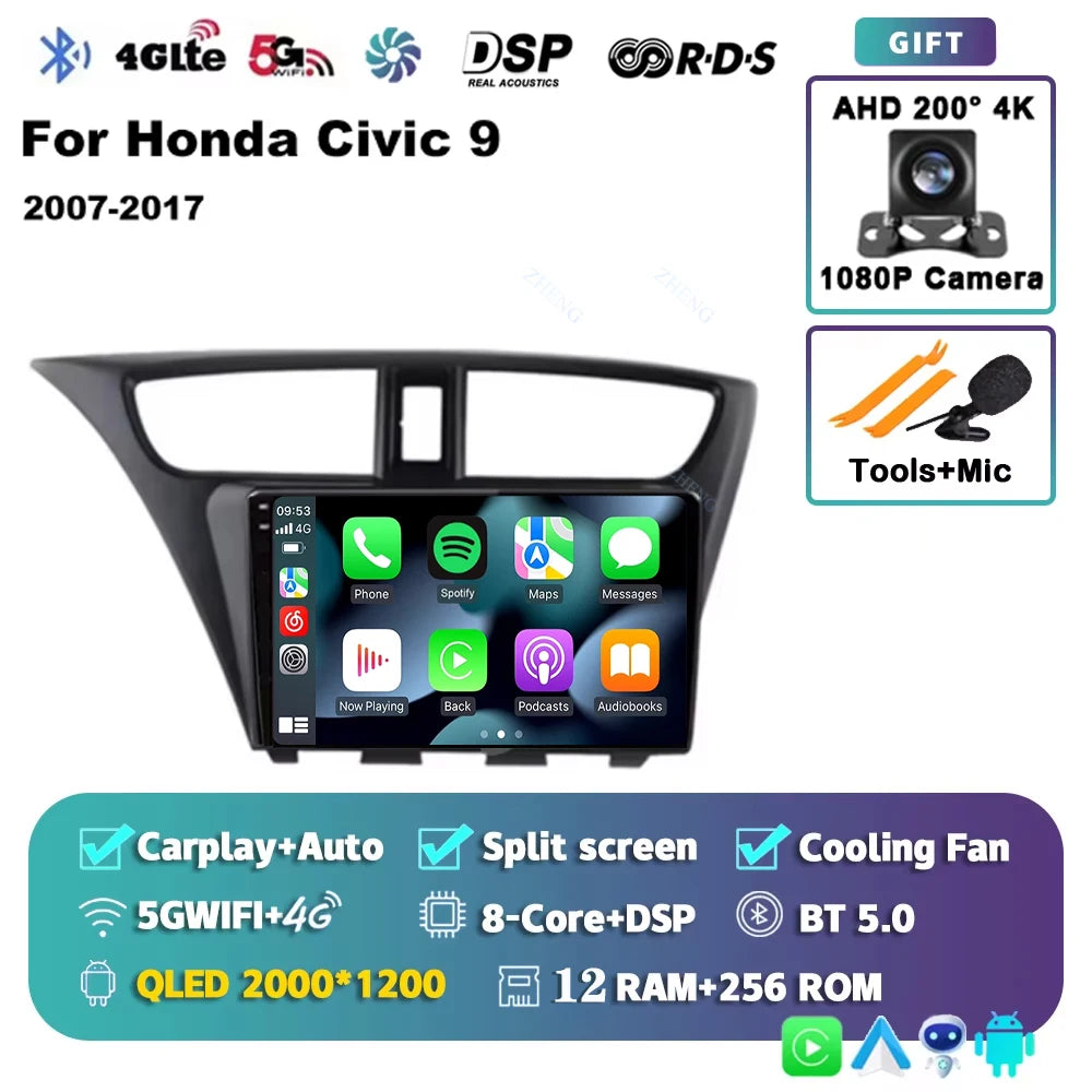 Carplay Android 14 Car Radio for Honda CIVIC 9 2011-2017 Qualcomm mulitmedia Video player Autoradio GSP Navigation Stereo screen