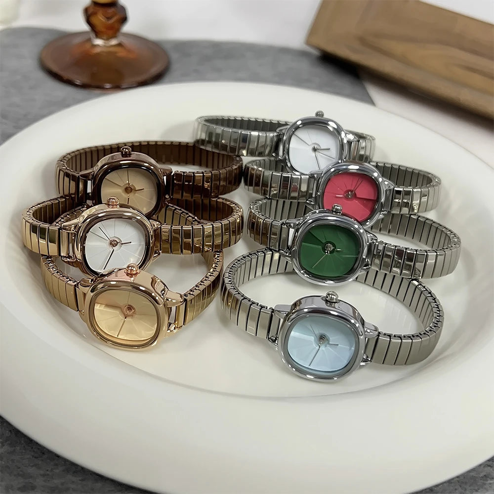 GEDI Small Vintage Watch Woman Square Buckle-Free Stretch Steel Strap Quartz Ladies Watches Luxury Niche Minimalist Watch