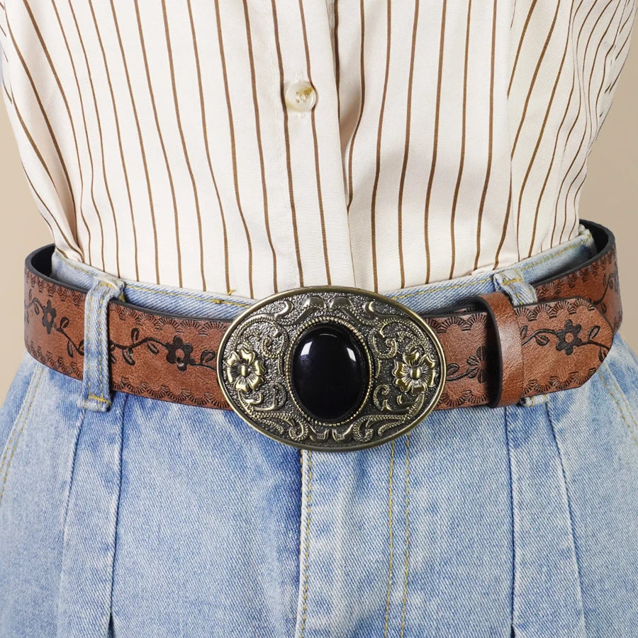 Retro Court Style Black Turquoise Inlaid Women's Belt, Western Denim Style, Niche Women's Belt, Carved Black Gemstone Belt