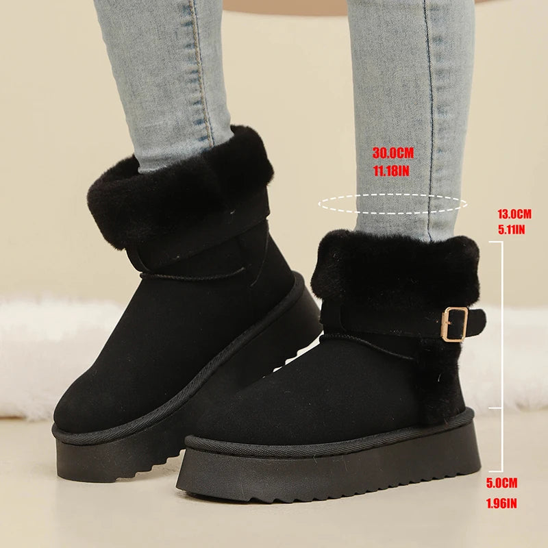 Faux Fur Winter Ankle Boots Women Fashion Buckle Anti Slip Platform Snow Boots Woman Plus Size Faux Suede Warm Short Booties