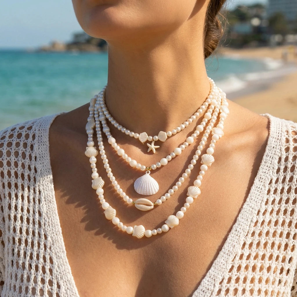 4Pcs/Set Vacation Shell Starfish Faux Pearl Necklace Summer Beach Ocean Theme Boho Layered Choker Jewelry For Women