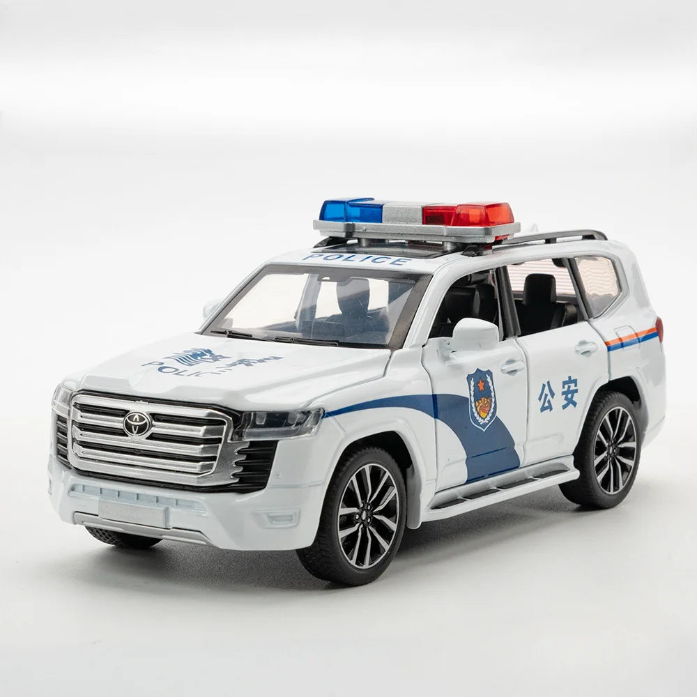 1:32 Prado Land Cruiser LC300 Police Car Metal Model Toy Alloy Diecast Vehice Rubber Tire Sound Light Pull Back Toy Gift for Kid