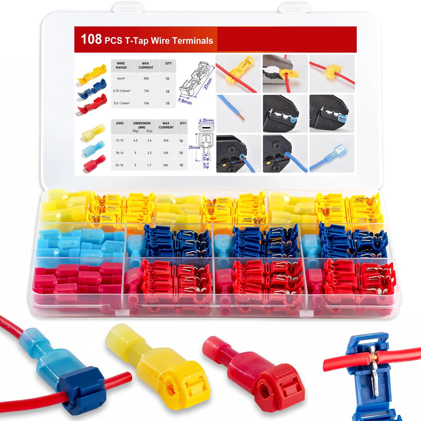 108 Pcs T-Tap Wire Connectors Kit, Quick Splice Self-Stripping Electrical Wire Terminals, Nylon Fully Insulated Male Quick