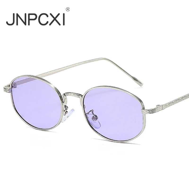 JNPCXI New Oval Metal Sunglasses Women Fashion Black Purple Shades UV400 Men Punk Sun Glasses