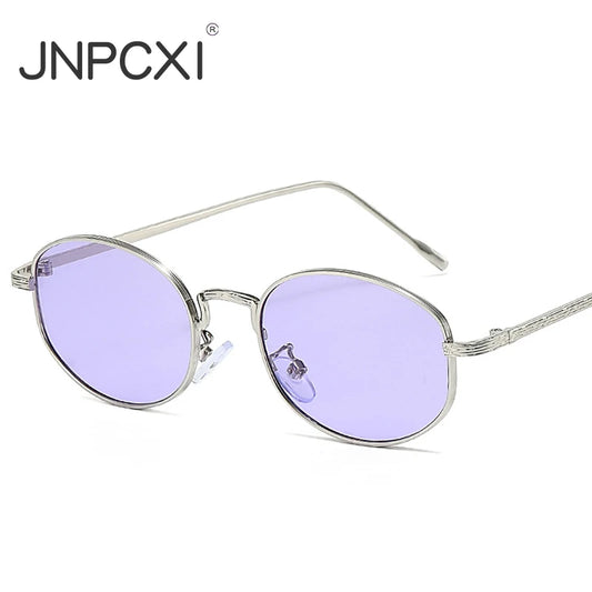 JNPCXI New Oval Metal Sunglasses Women Fashion Black Purple Shades UV400 Men Punk Sun Glasses