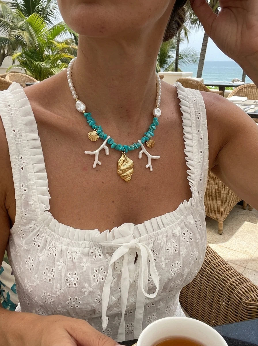 Summer Ocean Conch Shell Faux Coral Faux Pearl Beaded Necklace Beach Vacation Choker For Women