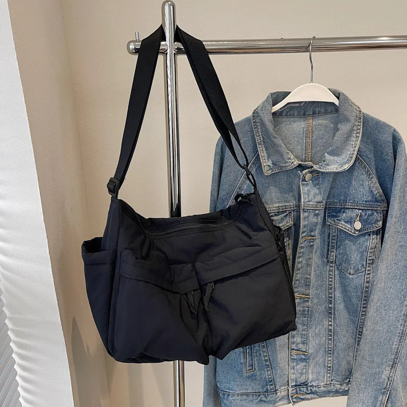 Black Casual Work Style Waterproof Nylon Crossbody Shoulder Bag W/Large Capacity