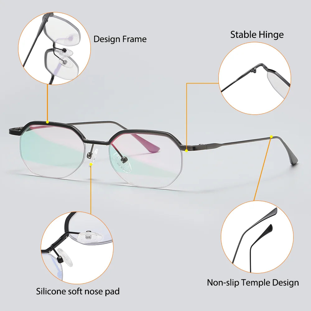 CATERSIDE Retro Polygon Sunglasses Men Metal Semi Rimless Sun Glasses Uv400 Women Outdoor Protection Driving Decorative Eyewear
