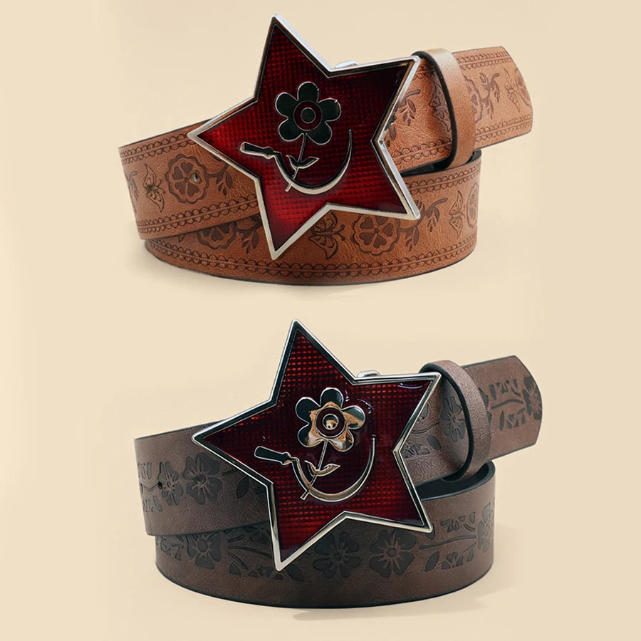 Western Cowboy Style Vintage Casual Belt - Horse Carved Buckle & Bohemian Print, Perfect for Daily Commute & Dating Outfits