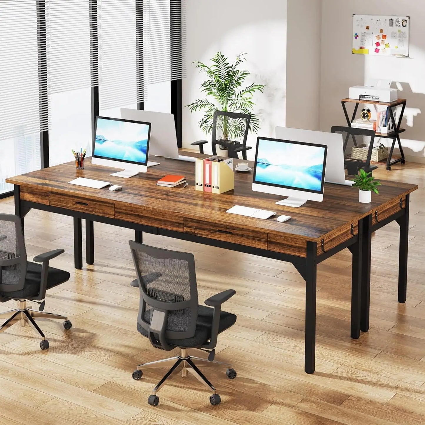 Computer Desk, 200 x 60 x 82 cm, Double Long Desk with 2 Drawers, Office Table