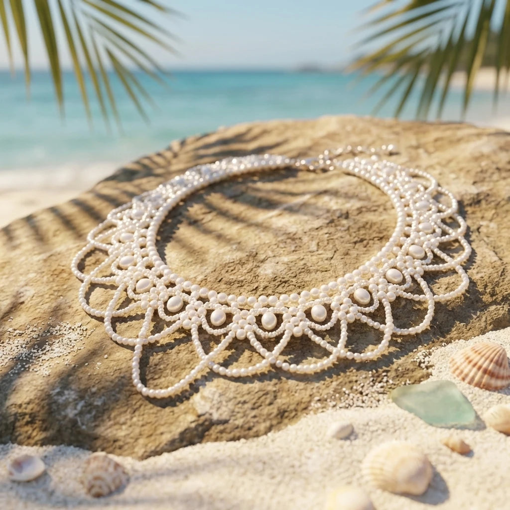 Elegant Faux Pearl Beaded Bib Necklace Boho Statement Choker Fake Collar for Women Summer Beach Bridal Dress Accessories