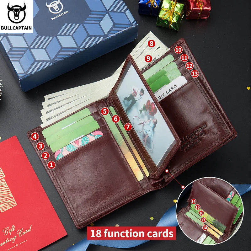 Bullcaptain Large Capacity Leather Bi-Fold Wallet Men's Gift Wallet's Compact Mini Credit Card Holder RFID Wallet Man