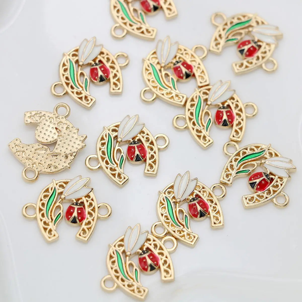 10Pcs Gold Plated Crystal Flower Ladybug Horseshoe Connectors for Jewelry Making Bracelet Findings Accessories DIY