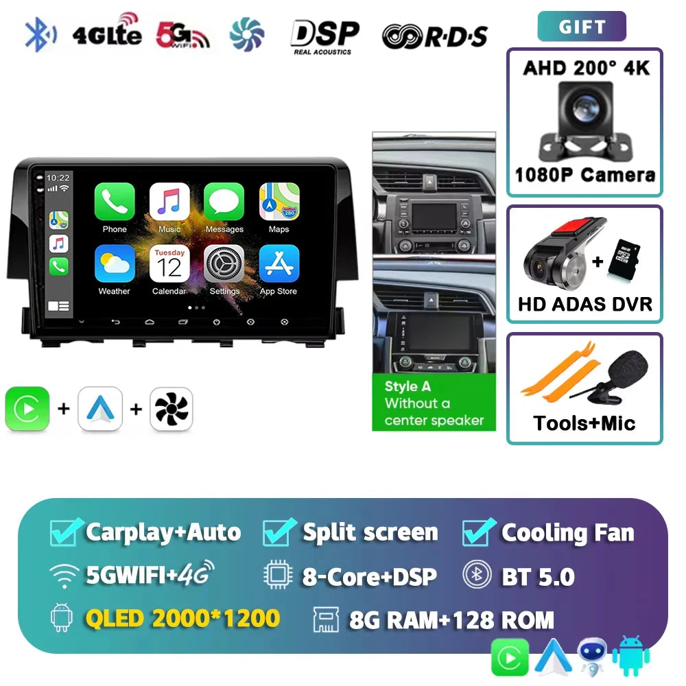 Android 15 Car Radio For Honda Civic 10th 2015 2016 2017 2018 2019 2020 2021 Player Wireless Carplay Android Auto Multimedia 2 D