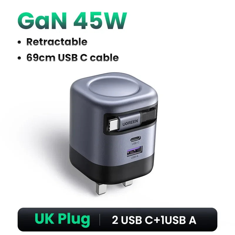 UGREEN 65W GaN Charger With Retractable USB C Cable For iPhone 17 16 Pro Samsung Xiaomi Laptop Macbook Tablet PD Fast Charger
