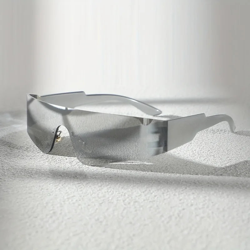 A Pair of Women's Silver Mirror Reflective Plastic Edged Shield Shaped Narrow Frame Fashionable Casual Glasses
