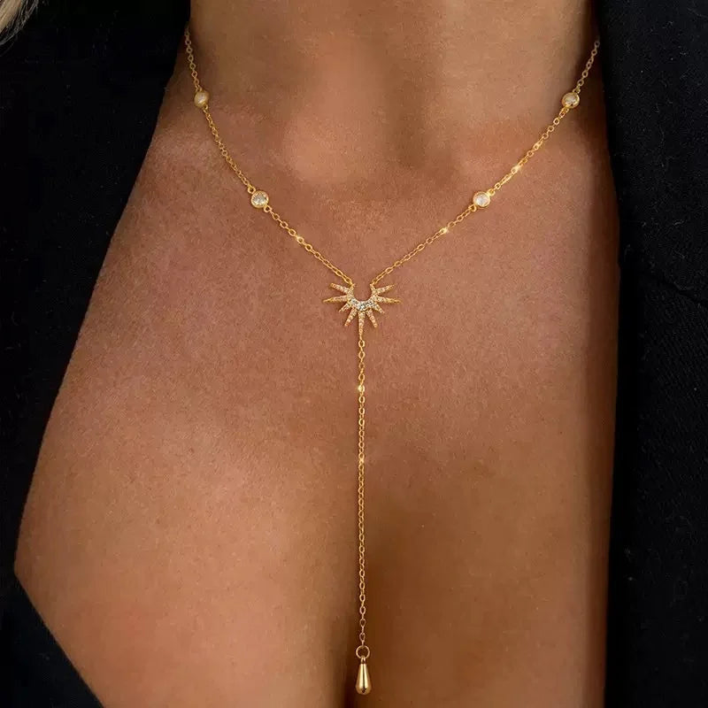 Fashion Gold Color Y-Shaped Pendant Necklaces For Women Luxury Zirconia Sun Geometric Long Tassel Choker Jewelry Birthday Gifts